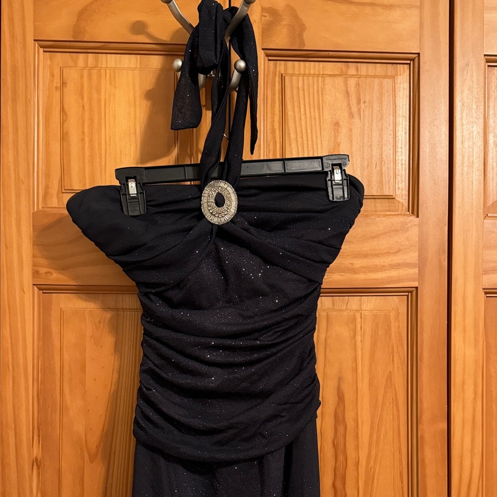 Elegant Navy Blue Halter Dress with Beading Detail